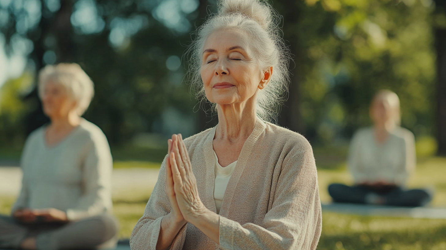 Възрастна жена практикува йога на открито с фокус върху дишането