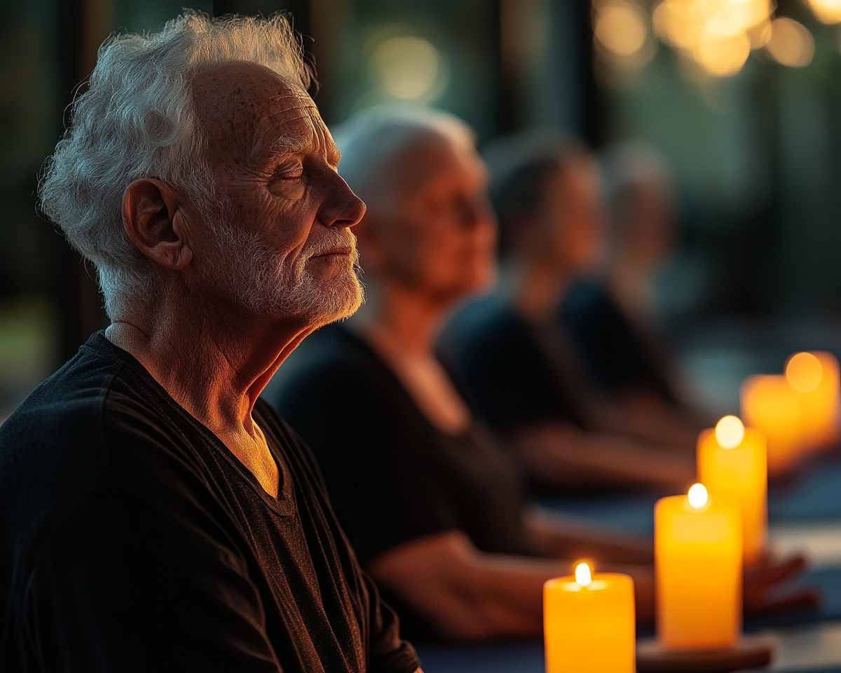 Възрастни хора изпълняват йога упражнения в група под ръководството на инструктор