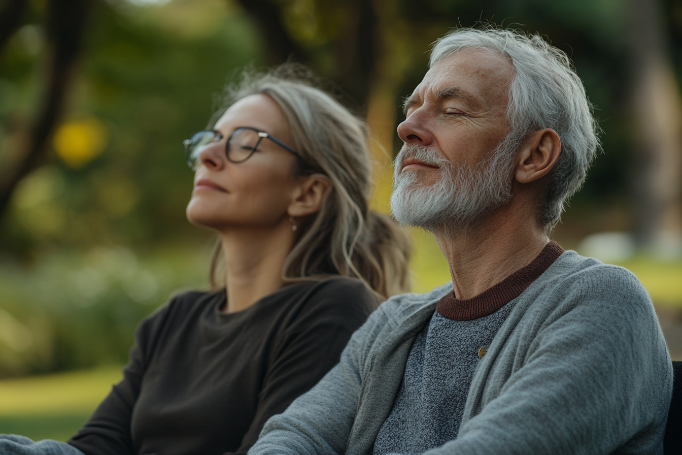 Спокойна възрастна двойка практикува медитация заедно в домашна обстановка
